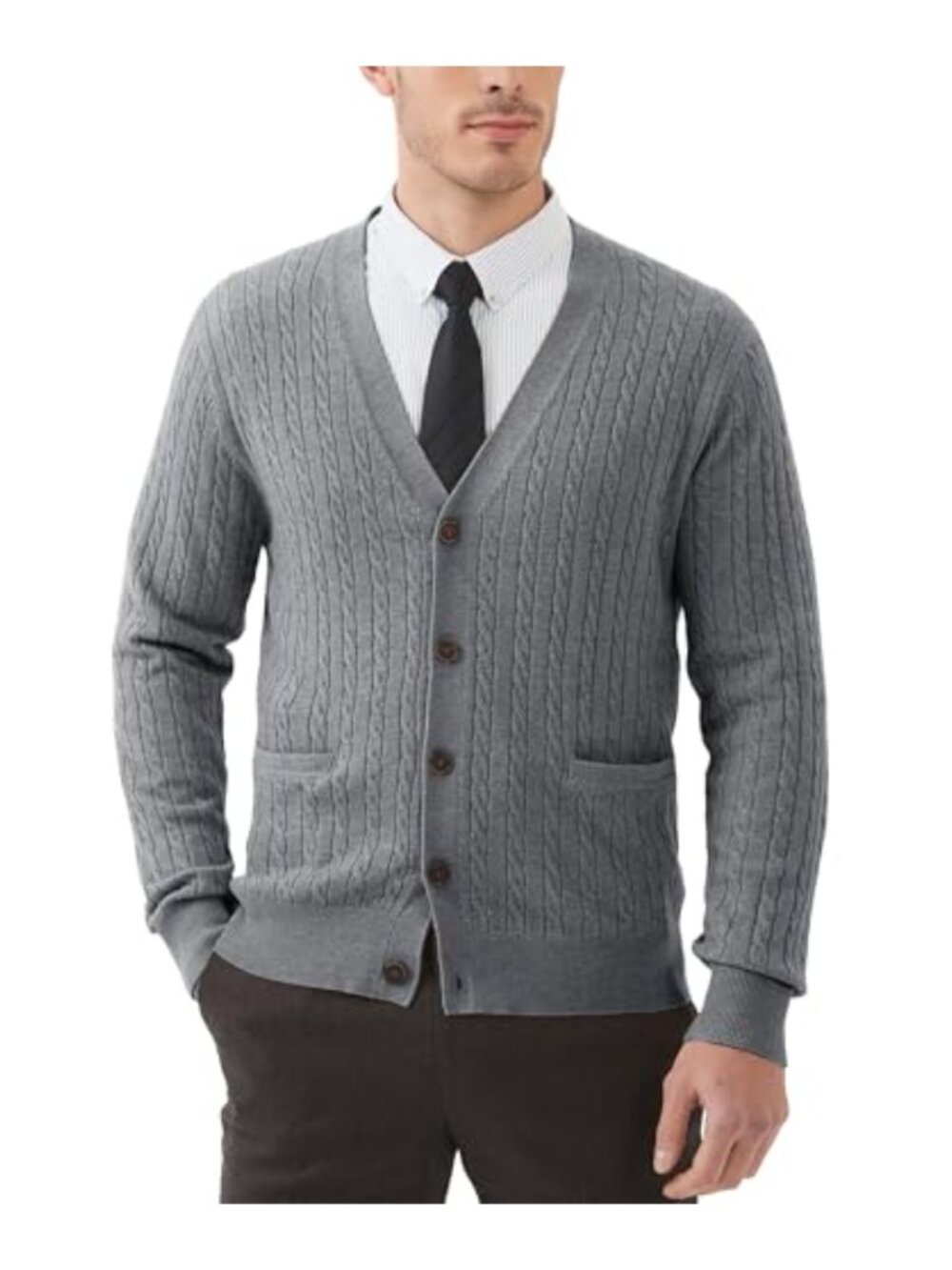 Men's Cable Knit Wool Blend Cardigan Sweater V-Neck Button Front Pockets